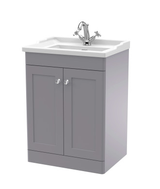 Nuie Classique Floor Standing 2 Door Vanity Unit & 1 Tap Hole Fireclay Basin, Stylish Sink Vanity Unit in Satin Grey with Whi...