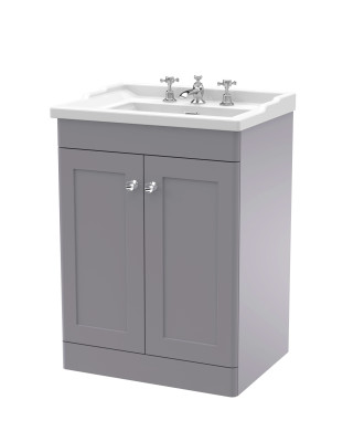Nuie Classique Floor Standing 2 Door Vanity Unit & 3 Tap Hole Fireclay Basin, Stylish Sink Vanity Unit in Satin Grey with Whi...