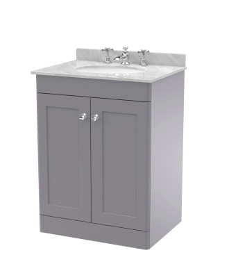 Nuie Classique Floor Standing 2 Door Vanity Unit & 3 Tap Hole Grey Marble Top with Oval Basin, Stylish Sink Vanity Unit in Sa...