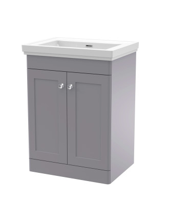 Nuie Classique Floor Standing 2 Door Vanity Unit without Tap Hole Fireclay Basin, Stylish Sink Vanity Unit in Satin Grey with...