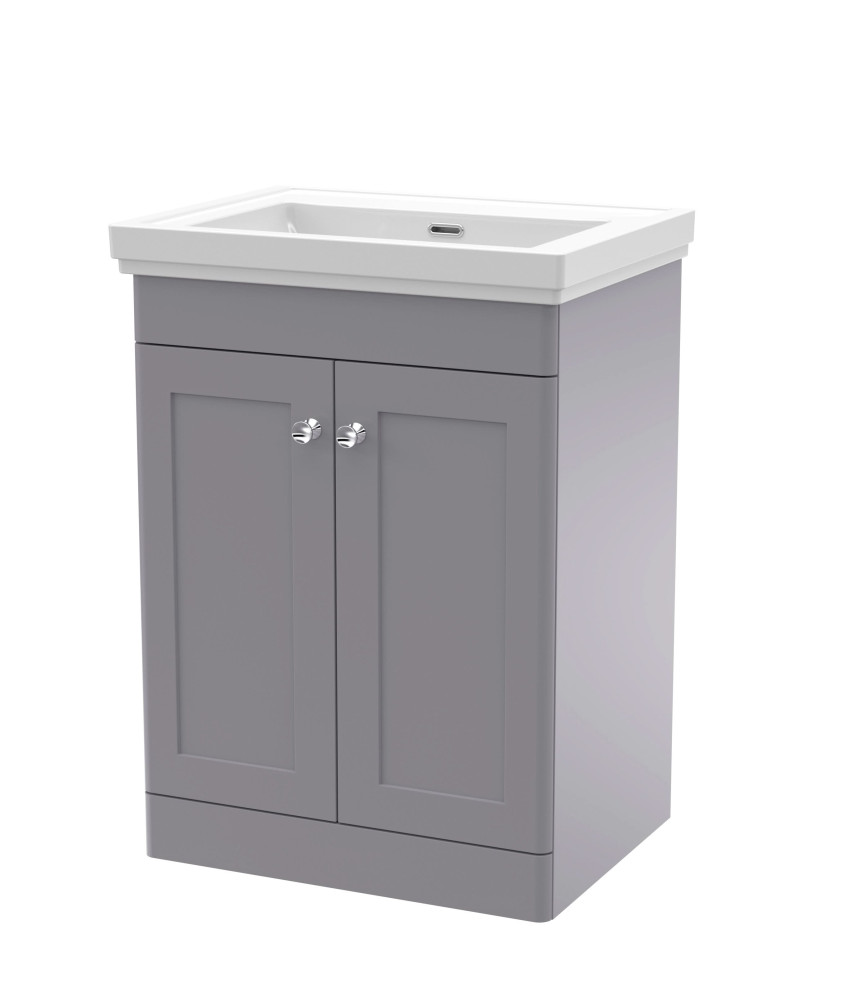 Nuie Classique Floor Standing 2 Door Vanity Unit without Tap Hole Fireclay Basin, Stylish Sink Vanity Unit in Satin Grey with...