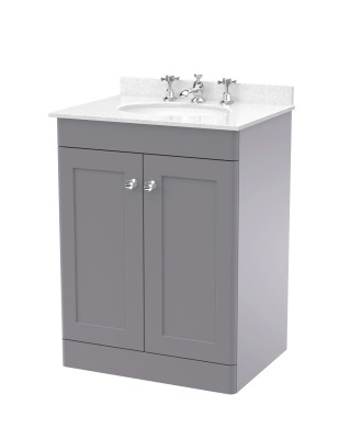 Nuie Classique Floor Standing 2 Door Vanity Unit & 3 Tap Hole White Marble Top with Oval Basin, Stylish Sink Vanity Unit in S...