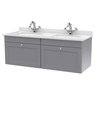 Nuie Classique Wall Hung 2 Drawer Vanity Unit & 1 Tap Hole White Marble Top with Square Basin, Contemporary Sink Vanity Unit ...