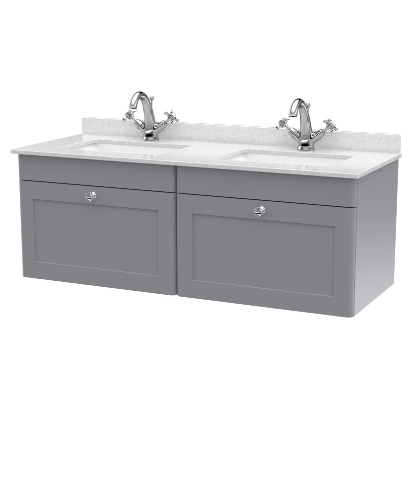 Nuie Classique Wall Hung 2 Drawer Vanity Unit & 1 Tap Hole White Marble Top with Square Basin, Contemporary Sink Vanity Unit ...