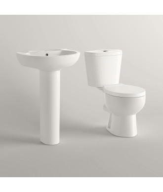 iBathUK Basics Close Coupled Toilet & Round Pedestal Basin, Stylish Complete Bathroom Suites for Contemporary Home