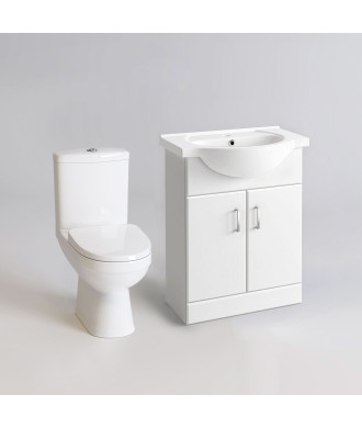 iBathUK Arvon Straight Shower Bath, Gloss White Vanity Unit & Close Coupled Toilet, Modern Bathroom Furniture Set, 1700mm