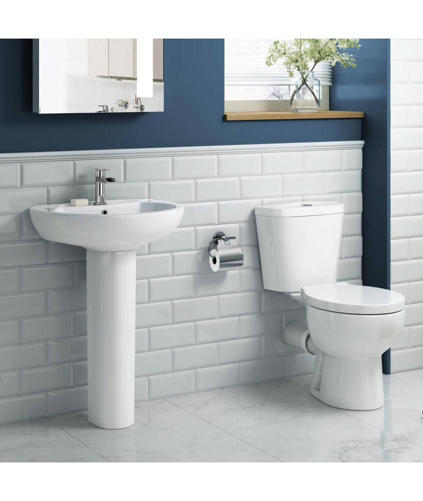 iBathUK Basics Close Coupled Toilet & Round Pedestal Basin, Stylish Complete Bathroom Suites for Contemporary Home