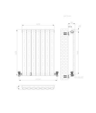 iBathUK Strata Horizontal Single Panel Oval Radiator, Wall Mounted Designer Radiator, High Heat Output, Matt White, 600 x 1440mm