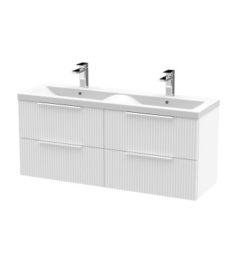 Hudson Reed Fluted Wall Hung 4-Drawer Vanity and Double Ceramic Basin, Modern Sink Vanity Unit, Satin White, 1200mm