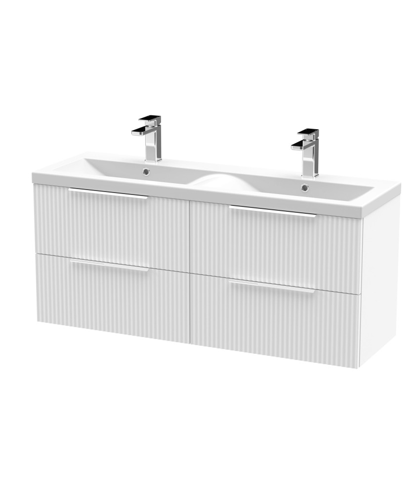 Hudson Reed Fluted Wall Hung 4-Drawer Vanity and Double Ceramic Basin, Modern Sink Vanity Unit, Satin White, 1200mm