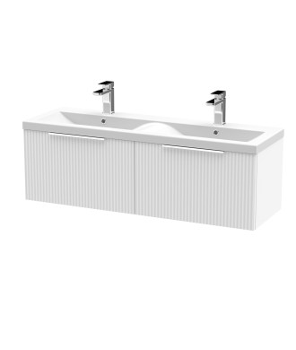 Hudson Reed Fluted Wall Hung 2-Drawer Vanity and Double Ceramic Basin, Modern Sink Vanity Unit, Satin White, 1200mm