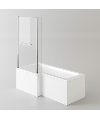 iBathUK Axis Left Hand L-Shaped Shower Bath, Includes Glass Screen, Rail & Front Panel, Modern Space-Saving L Shaped Bath Scr...