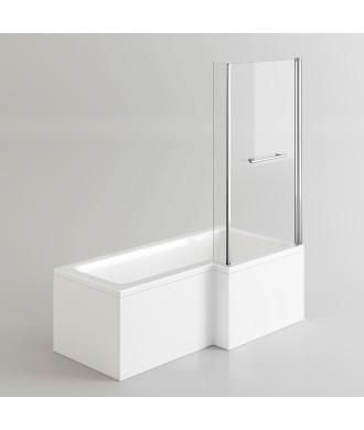iBathUK Axis Right Hand L-Shaped Shower Bath, Includes Glass Screen, Rail & Front Panel, Modern Space-Saving L Shaped Bath Sc...