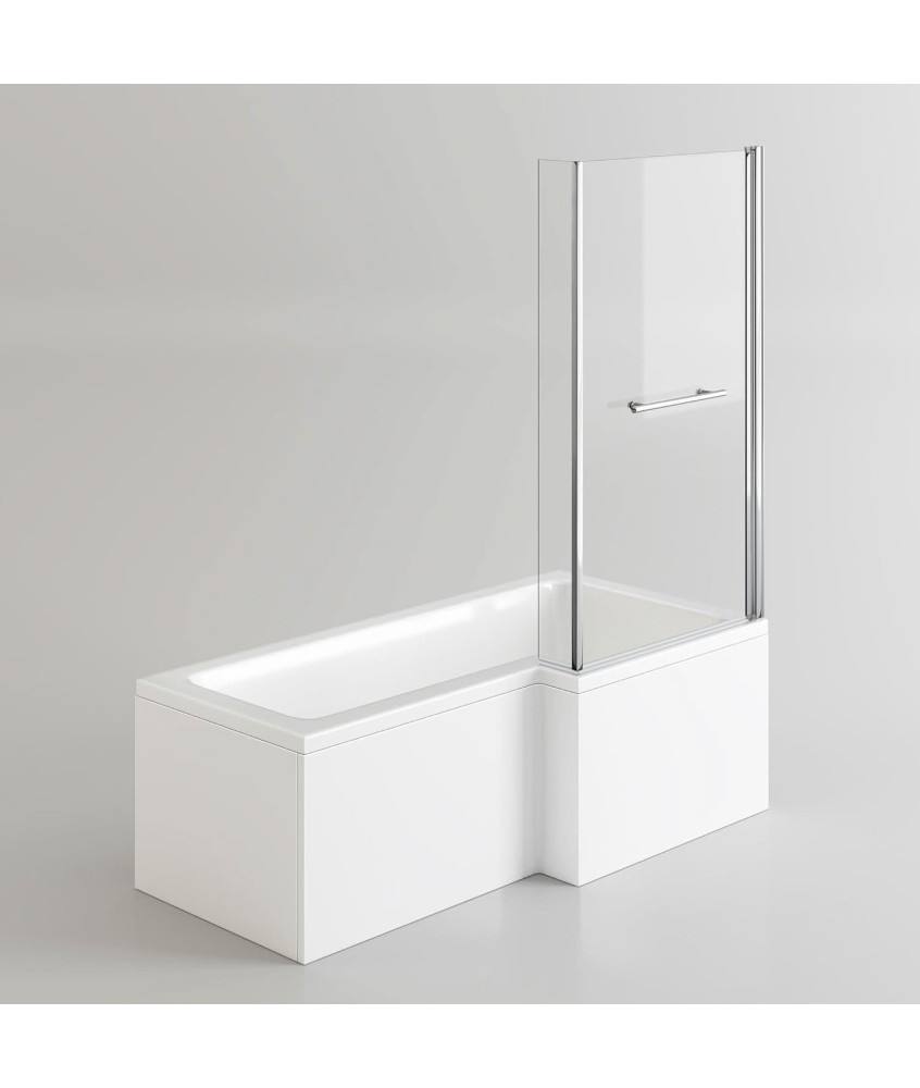 iBathUK Axis Right Hand L-Shaped Shower Bath, Includes Glass Screen, Rail & Front Panel, Modern Space-Saving L Shaped Bath Sc...
