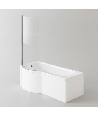 iBathUK Strux Left Hand P-Shaped Shower Bath with Glass Screen & Front Panel, Modern P Shaped Bath with Screen, 1700 x 850mm