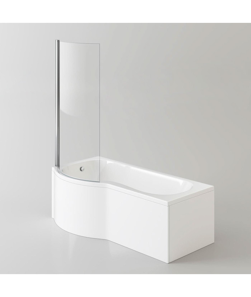 iBathUK Strux Left Hand P-Shaped Shower Bath with Glass Screen & Front Panel, Modern P Shaped Bath with Screen, 1700 x 850mm