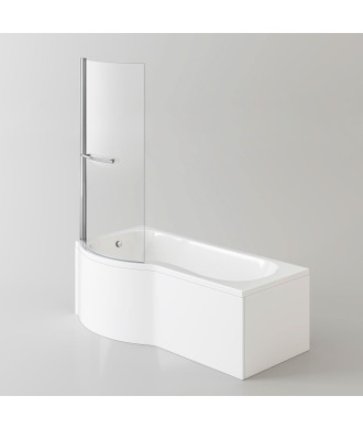 iBathUK Strux Left Hand P-Shaped Shower Bath with Screen, Rail & Front Panel, Modern P Shaped Bath with Screen, 1700 x 850mm
