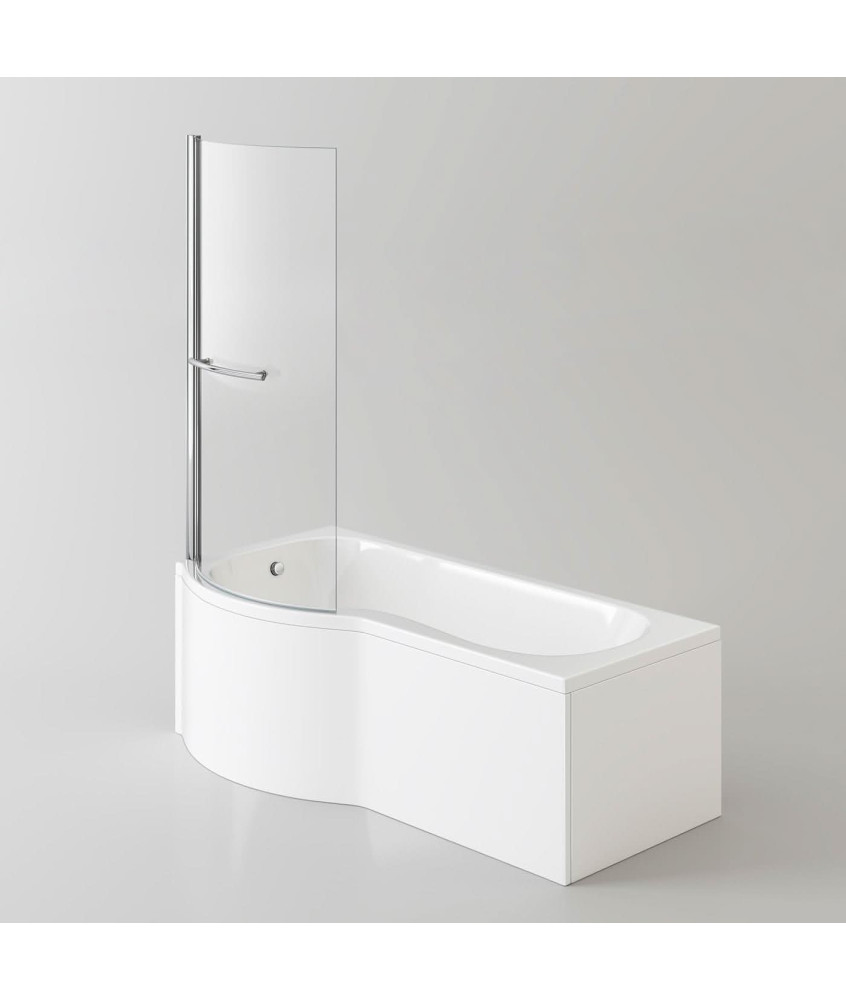 iBathUK Strux Left Hand P-Shaped Shower Bath with Screen, Rail & Front Panel, Modern P Shaped Bath with Screen, 1700 x 850mm