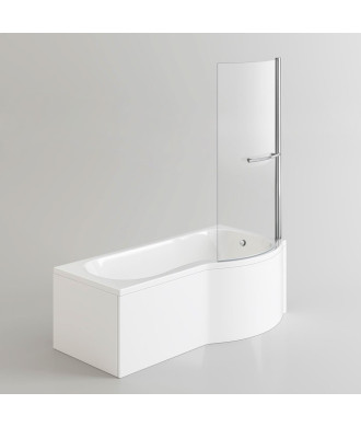 iBathUK Strux Right Hand P-Shaped Shower Bath with Screen, Rail & Front Panel, Modern P Shaped Bath with Screen, 1700 x 850mm