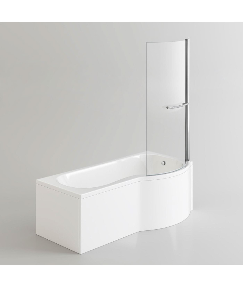iBathUK Strux Right Hand P-Shaped Shower Bath with Screen, Rail & Front Panel, Modern P Shaped Bath with Screen, 1700 x 850mm