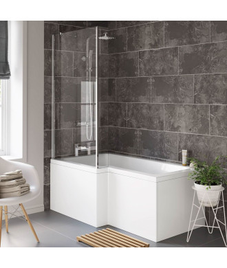 iBathUK Strux Left Hand L-Shaped Shower Bath, Modern Acrylic Bath with Toughened Glass Screen Included, Modern P Shaped Bath ...