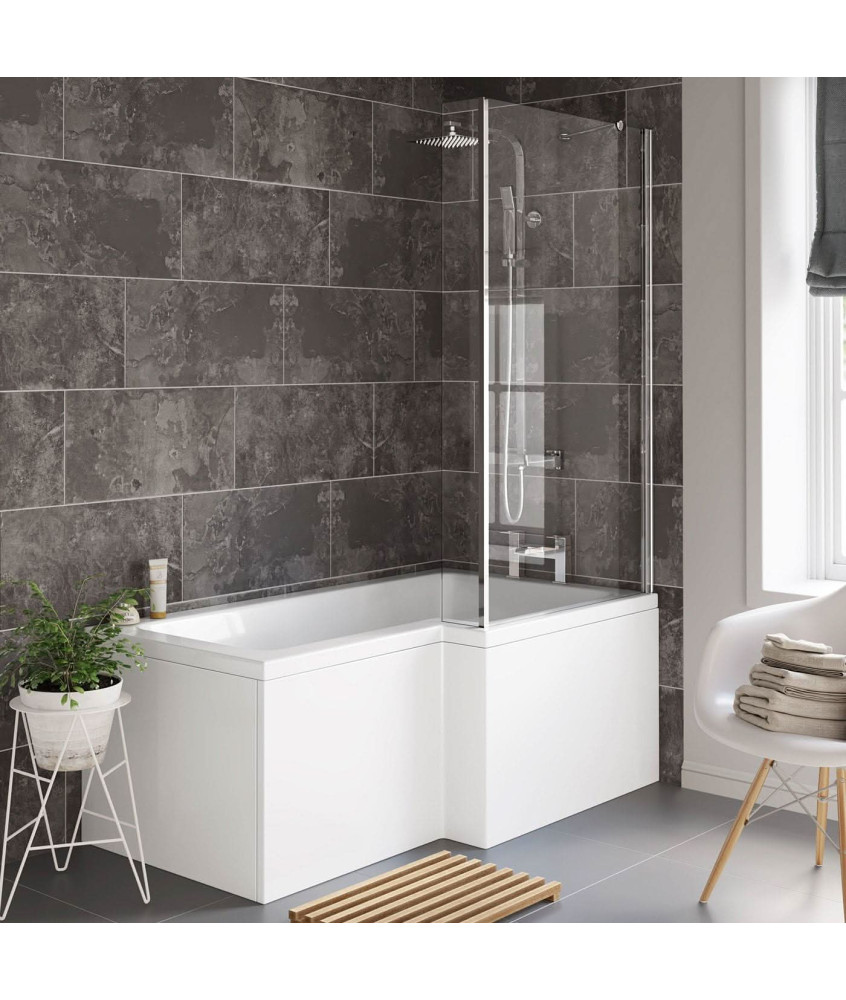 iBathUK Strux Right Hand L-Shaped Shower Bath, Modern Acrylic Bath with Toughened Glass Screen Included, P Shaped Bath with S...