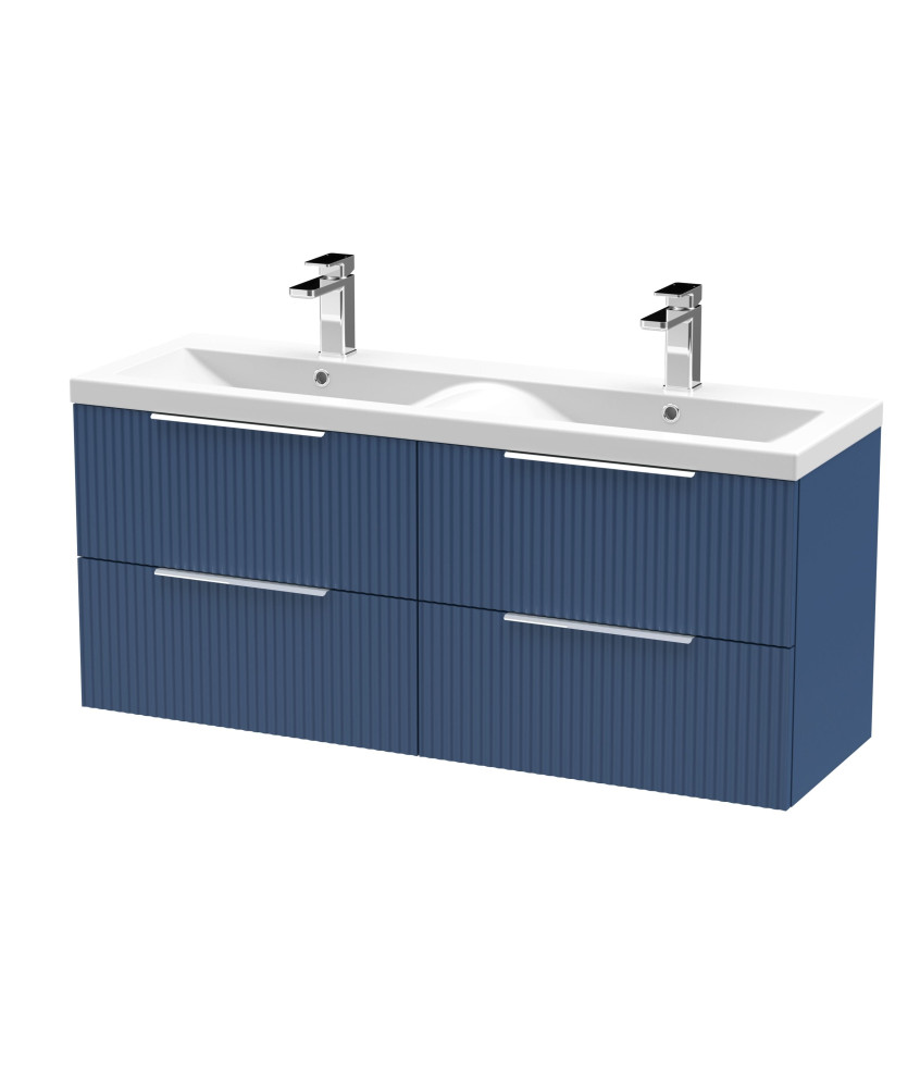 Hudson Reed Fluted Wall Hung 4-Drawer Vanity and Double Ceramic Basin, Premium Sink Vanity Unit, Satin Blue, 1200mm
