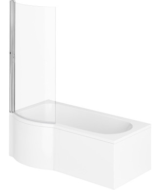 iBathUK Elan Left Hand P-Shaped Shower Bath, Modern Acrylic Tub with Glass Screen & Front Panel Set, P Shaped Bath with Scree...