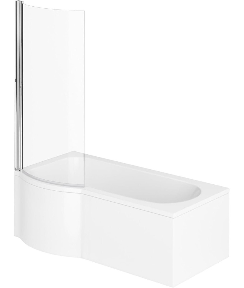 iBathUK Elan Left Hand P-Shaped Shower Bath, Modern Acrylic Tub with Glass Screen & Front Panel Set, P Shaped Bath with Scree...