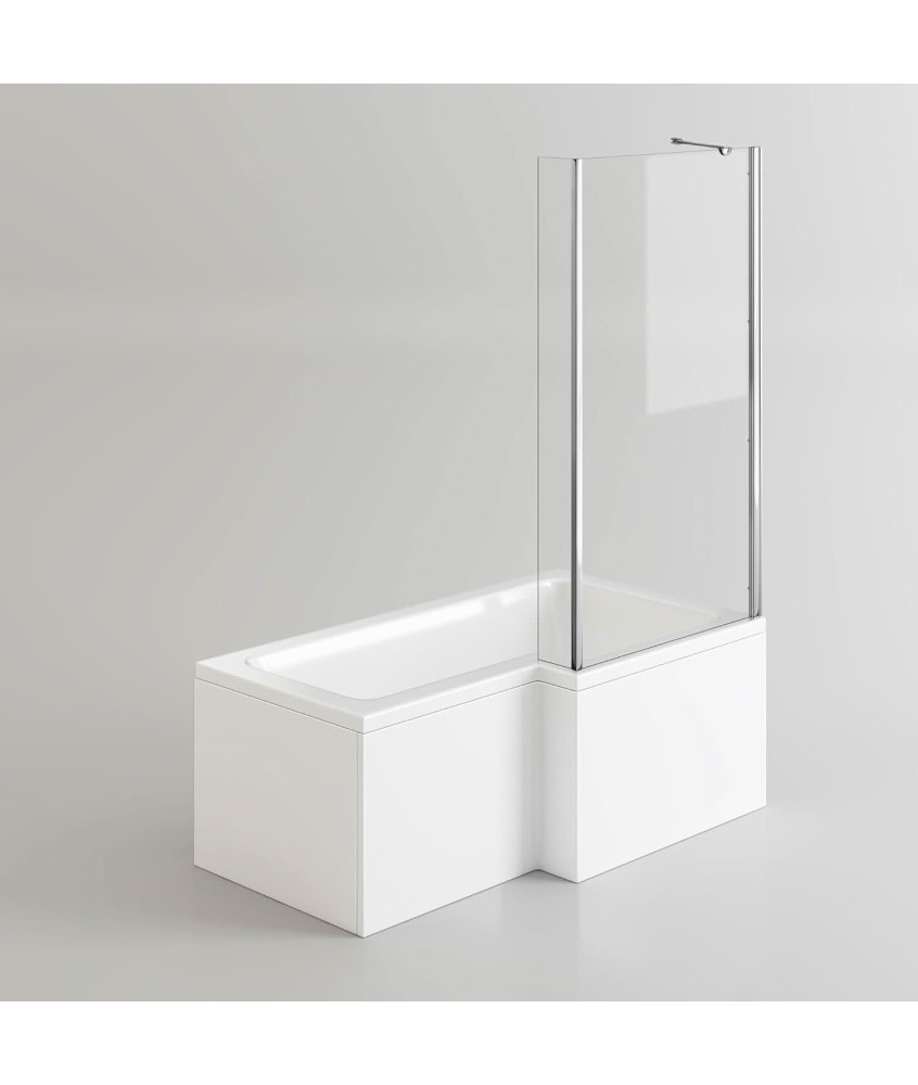 iBathUK Velza Right Hand L-Shaped Shower Bath, Modern Acrylic Bathtub with Glass Shower Screen & Matching Front Panel, L Shap...