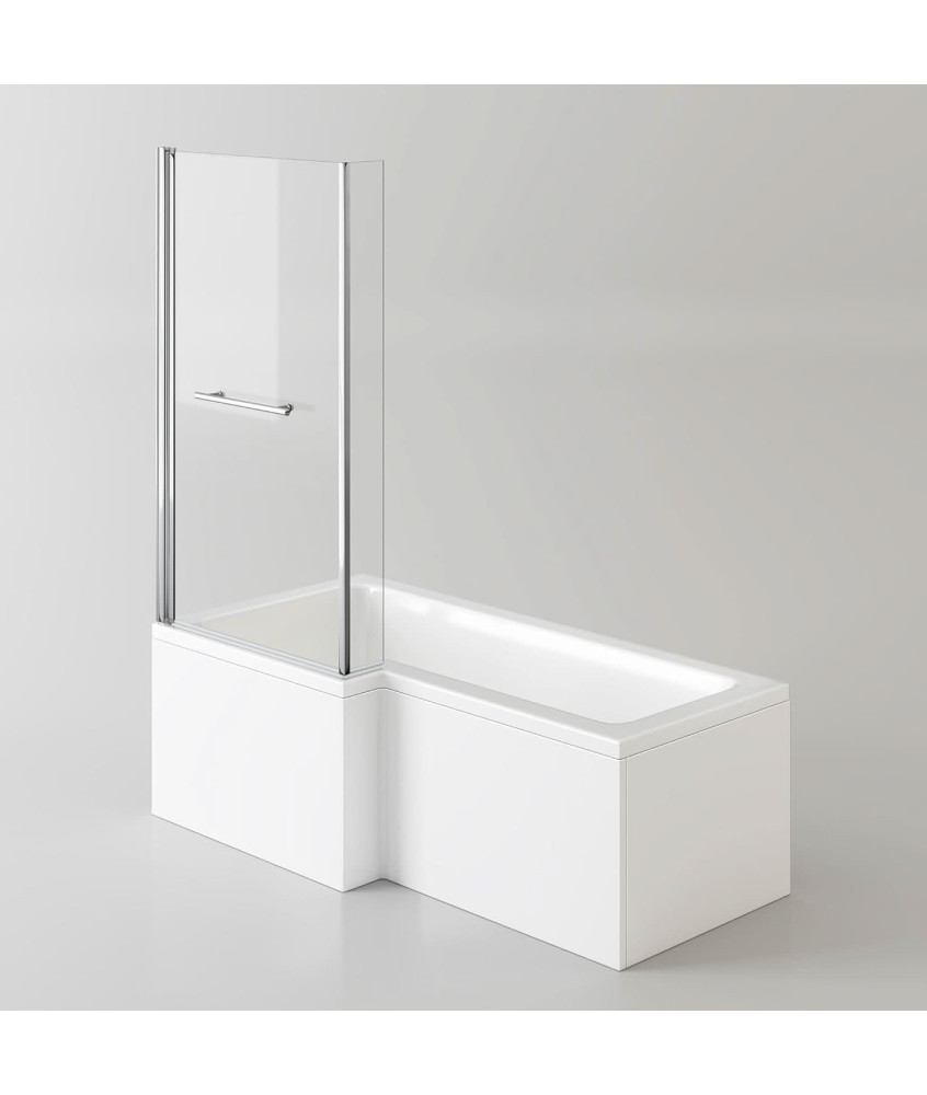 iBathUK Veil Left Hand L-Shaped Shower Bath, Straight Acrylic Bathtub with Glass Screen & Panel, L Shaped Bath Screen, 1700mm