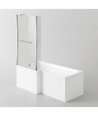 iBathUK Zenvy Left Hand L-Shaped Bath, 6mm Glass Shower Screen, Rail & Front Panel Included, L Shaped Bath Screen, 1500x850mm