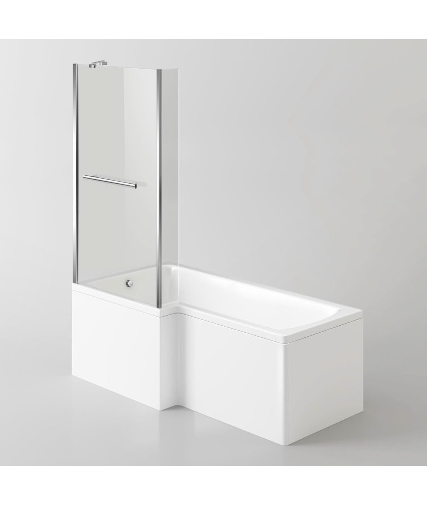 iBathUK Zenvy Left Hand L-Shaped Bath, 6mm Glass Shower Screen, Rail & Front Panel Included, L Shaped Bath Screen, 1500x850mm