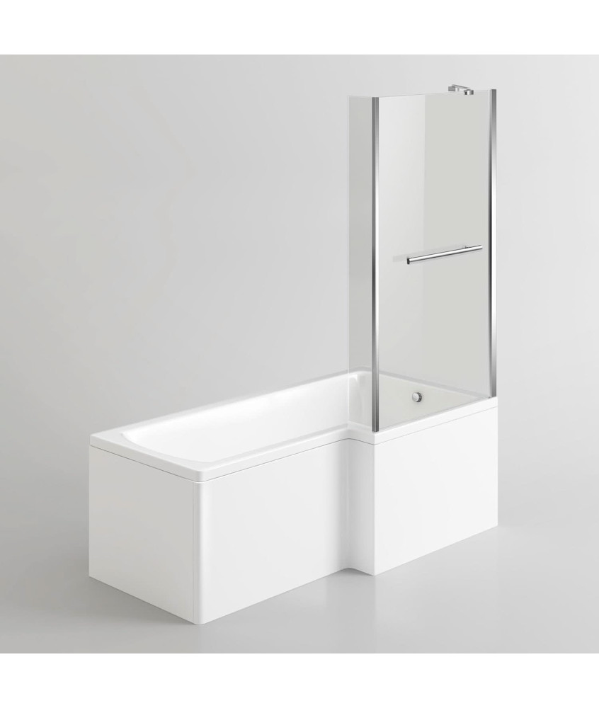 iBathUK Vault Right Hand L-Shaped Shower Bath, Modern Straight Acrylic Bathtub with Glass Screen & Matching Front Panel, L Sh...