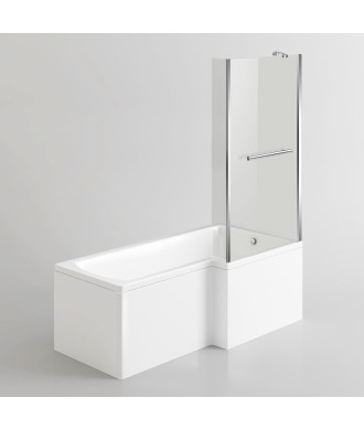 iBathUK Trace Right Hand L-Shaped Shower Bath, Modern Straight Acrylic Bathtub with Glass Screen & Matching Front Panel, L Sh...