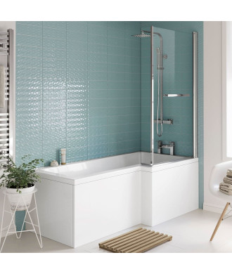 iBathUK Quell Right Hand L-Shaped Shower Bath, White Acrylic Bathtub with Glass Screen, Chrome Rail & Side Panel, L Shaped Ba...