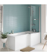 iBathUK Quell Right Hand L-Shaped Shower Bath, White Acrylic Bathtub with Glass Screen, Chrome Rail & Side Panel, L Shaped Ba...