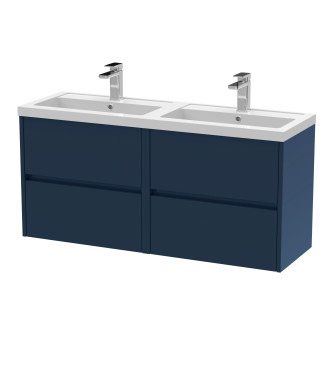 Nuie Havana Wall Hung 4-Drawer Unit & Double Polymarble Basin, Modern Sink Vanity Unit in Midnight Blue with White Basin, 1200mm