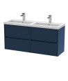 Nuie Havana Wall Hung 4-Drawer Unit & Double Polymarble Basin, Modern Sink Vanity Unit in Midnight Blue with White Basin, 1200mm