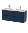 Nuie Havana Wall Hung 4-Drawer Unit & Double Ceramic Basin, Modern Sink Vanity Unit in Midnight Blue with White Basin, 1200mm