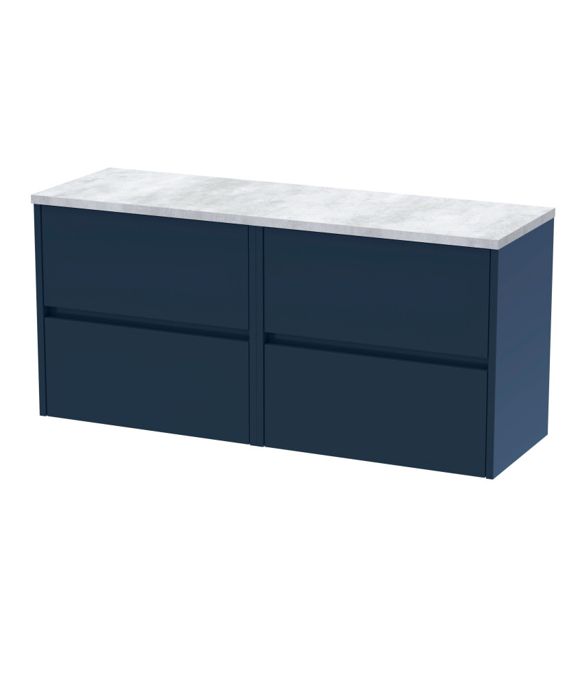 Nuie Havana Wall Hung 4-Drawer Vanity Unit & Worktop in Carrera Marble, Countertop Basin Unit in Midnight Blue, 1200mm