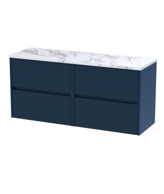 Nuie Havana Wall Hung 4-Drawer Vanity Unit & Worktop in Sparkling Black, Countertop Basin Unit in Midnight Blue, 1200mm