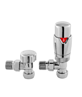 Nuie Luxury Angled Thermostatic Radiator Valve Pair - 128mm High - Chrome