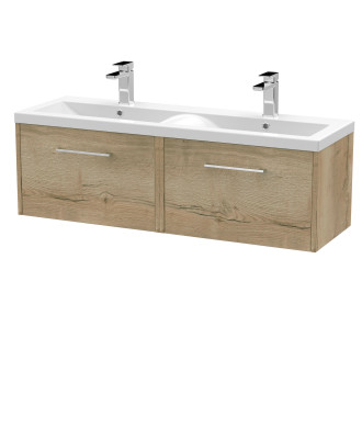Hudson Reed Fluted Wall Hung 2-Drawer Vanity and Double Vitreous China Basin, Stylish Sink Vanity Unit, Autumn Oak, 1200mm
