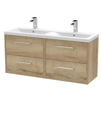 Hudson Reed Fluted Wall Hung 4-Drawer Vanity and Double Vitreous China Basin, Stylish Sink Vanity Unit, Autumn Oak, 1200mm