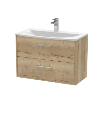 Hudson Reed Juno Wall Hung 2-Drawer Vanity & Curved 1 Tap Hole Basin, Contemporary Sink Vanity Unit, Autumn Oak, 800mm