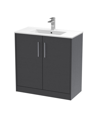 Hudson Reed Juno Floor Standing 2-Door Vanity & Minimalist 1 Tap Hole Basin, Elegant Sink Vanity Unit, Graphite Grey Woodgrai...