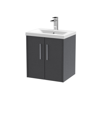 Hudson Reed Juno Wall Hung 2-Door Vanity & Mid-Edge 1 Tap Hole Basin, Premium Sink Vanity Unit, Graphite Grey Woodgrain, 500mm