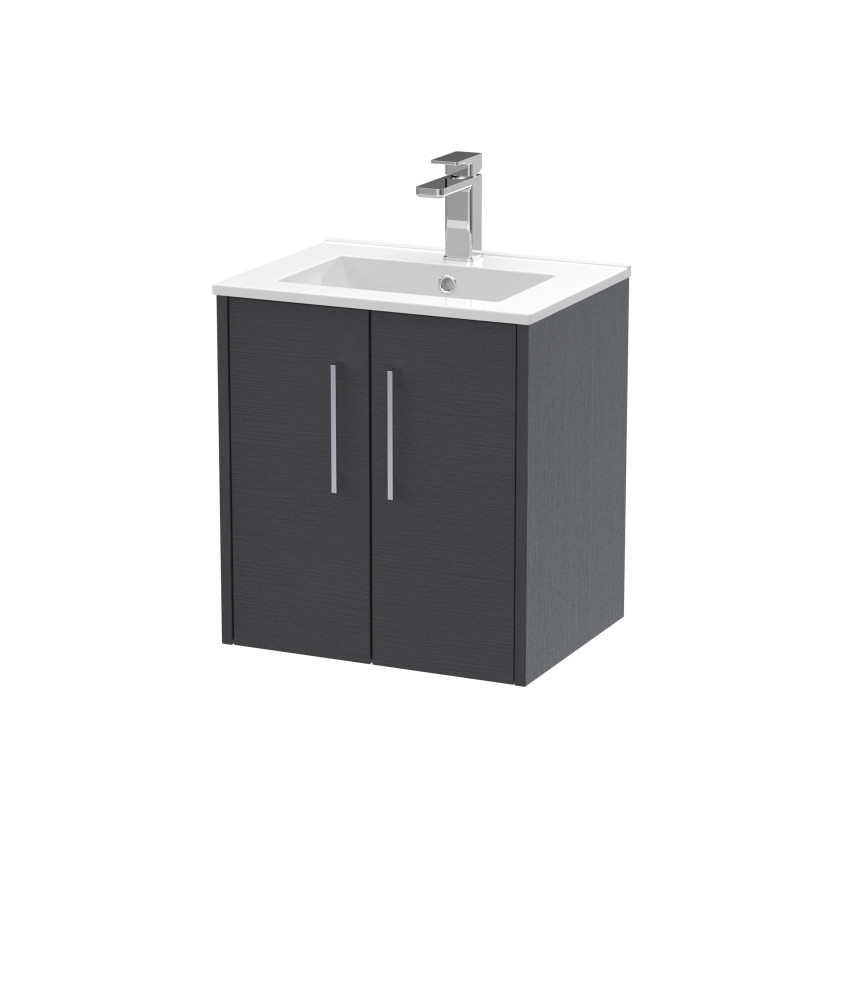 Hudson Reed Juno Wall Hung 2-Door Vanity & Minimalist 1 Tap Hole Basin, Premium Sink Vanity Unit, Graphite Grey Woodgrain, 500mm