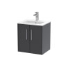 Hudson Reed Juno Wall Hung 2-Door Vanity & Minimalist 1 Tap Hole Basin, Premium Sink Vanity Unit, Graphite Grey Woodgrain, 500mm